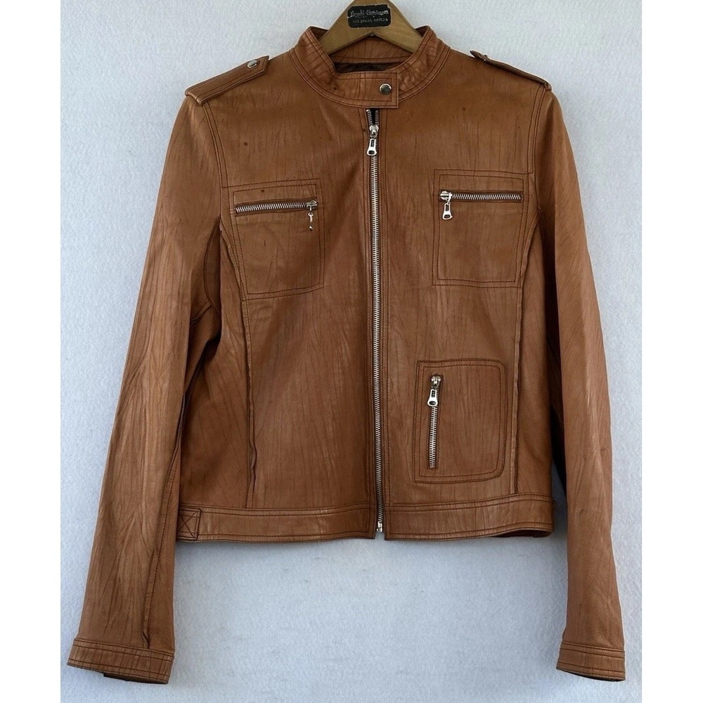 Moto Brown Leather Jacket City Women's Sz 12 Office